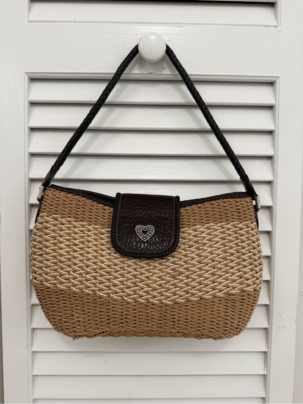 Brighton Vintage Woven Straw Leather Trim Shoulder Bag Silver Heart Accent